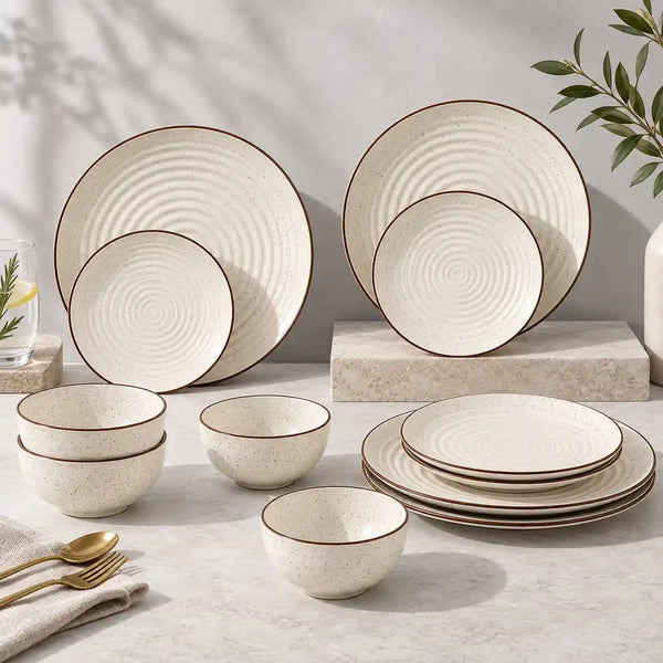 Spiral White Ceramic Dinner Set 12 Piece for Family of 4