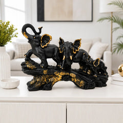 Majestic Black & Gold Elephant Family Sculpture