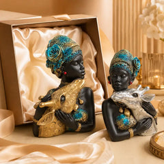 Elegant African Lady with Deer Sculptural Bust Pair – Decorative Gold & Silver Figures