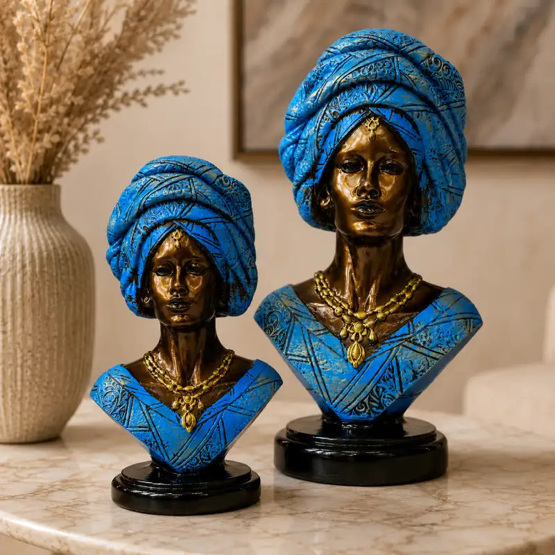 Majestic Bronze & Blue Sculptural Bust Pair (Set of 2)