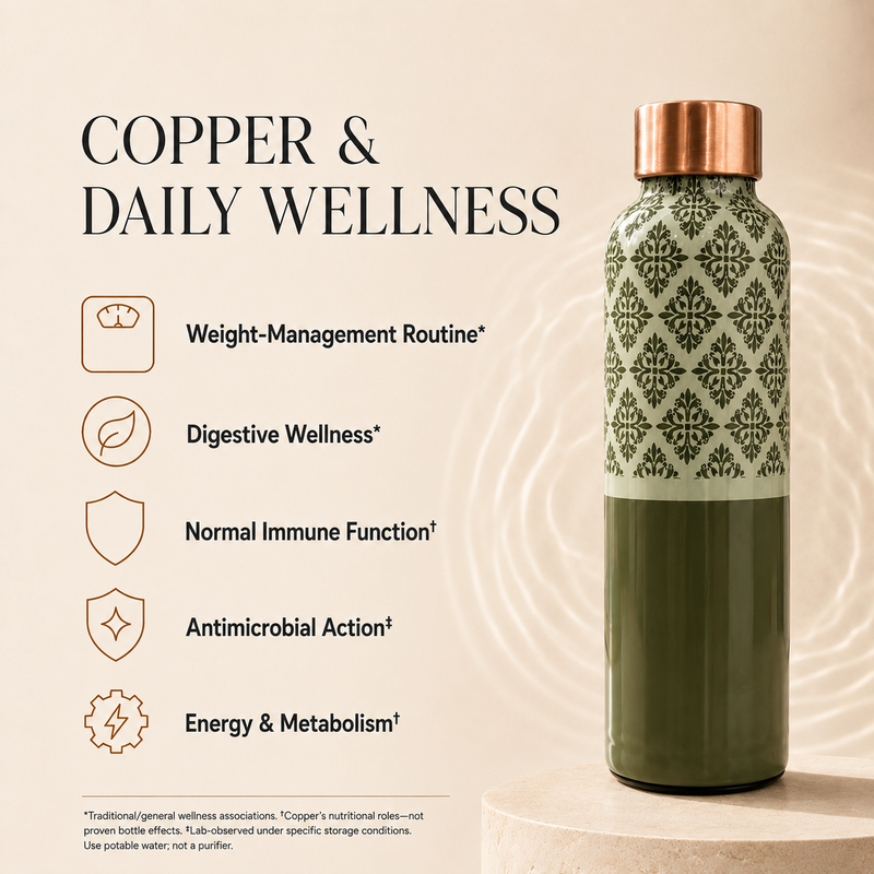 Sage Lattice Copper Water Bottle | Handcrafted Damask Design | 900ml