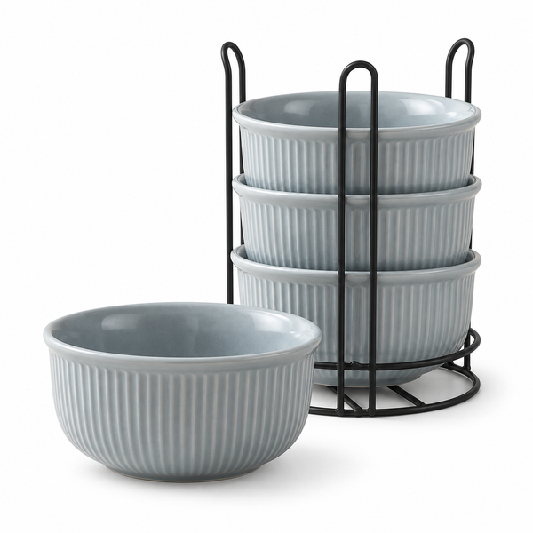 Fringe Grey Ceramic Bowl Set of 4 with Metal Stand