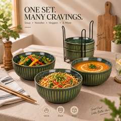 Glam Green Ceramic Bowl Set with Stand (4 Pcs)