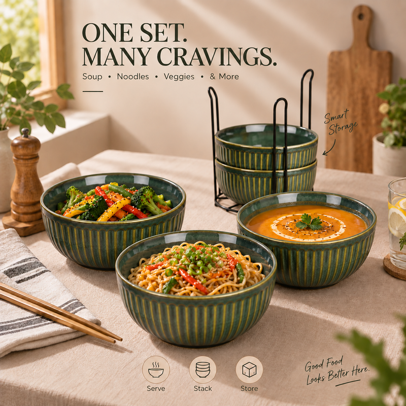 Glam Green Ceramic Bowl Set with Stand (4 Pcs)