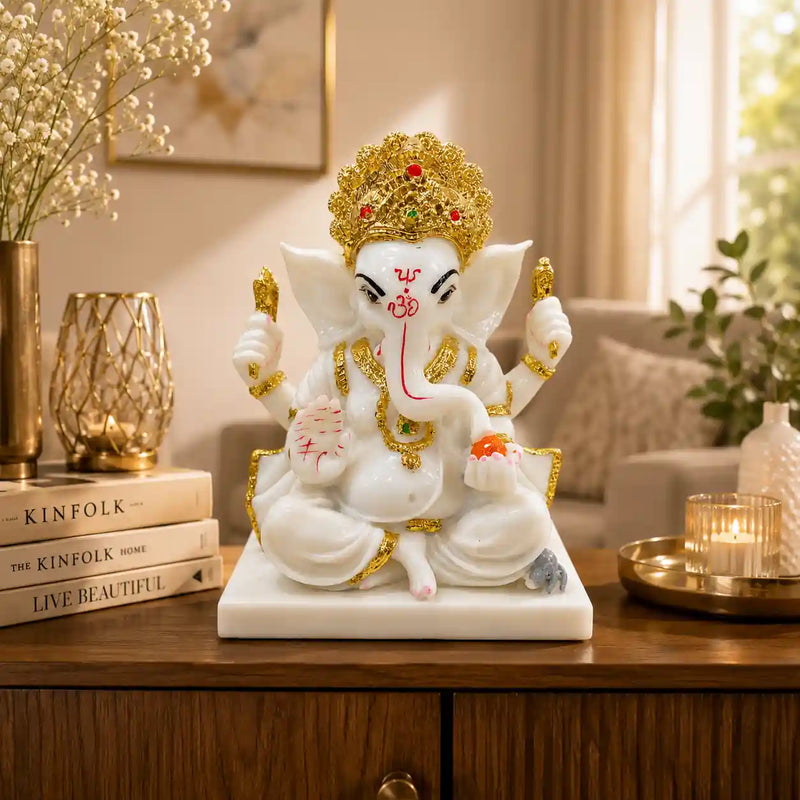 Ganesha: Premium Marble-Finish Idol with Gold Accents