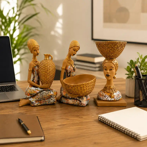 Artistic Ethnic Gold Lady Figurine Set – Decorative Tabletop Trio