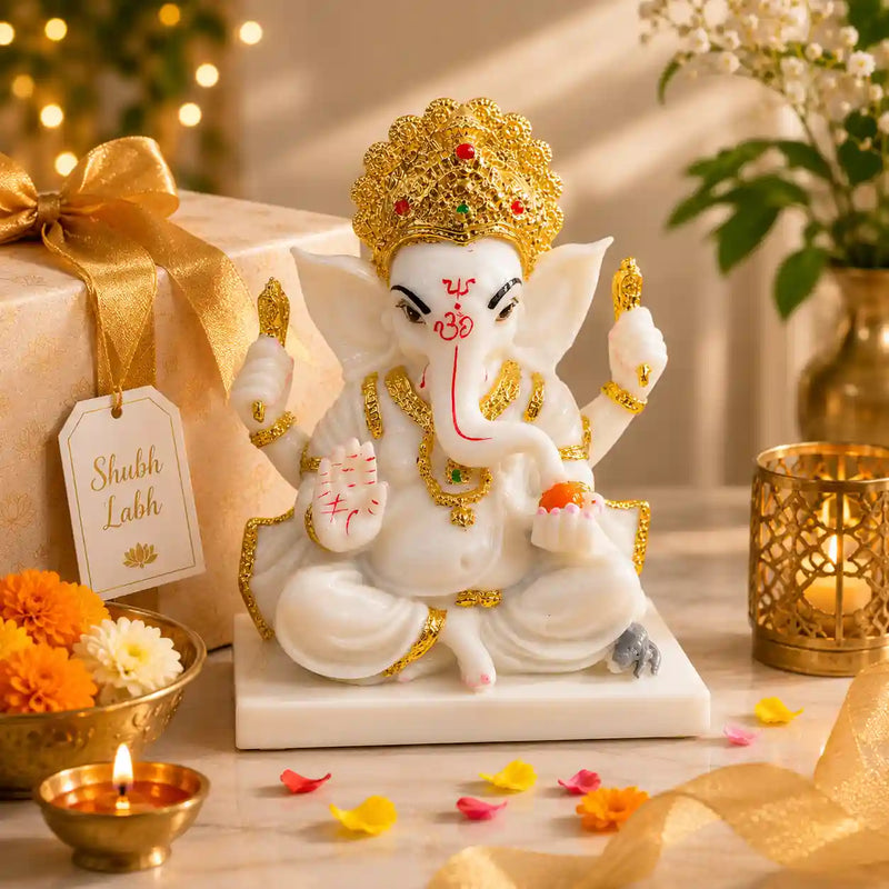 Ganesha: Premium Marble-Finish Idol with Gold Accents