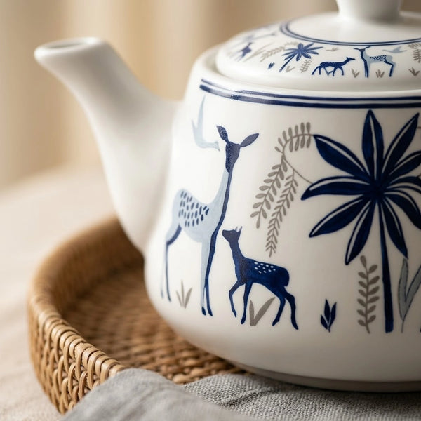 Ceramic Stag Blue Morning Tea Set - 6 Tea Cups, 1 Kettle