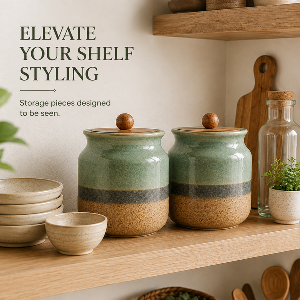 Rustic Green Ceramic Jar Set of 2 (800ML) – Airtight Kitchen Storage Containers & Spice Jars
