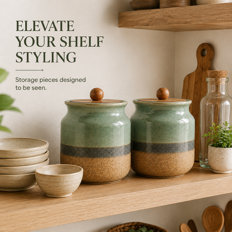 Rustic Green Ceramic Jar Set of 2 (800ML) – Airtight Kitchen Storage Containers & Spice Jars
