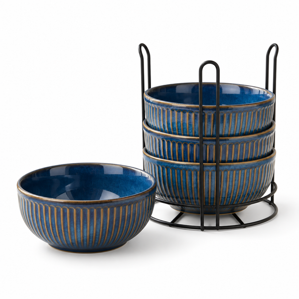 Glam Blue Ceramic Bowl Set of 4 with Stand