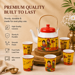 Traditional Punjabi Ceramic Tea Set – “Jitthe Tea Utthe Me” Kettle with 6 Tea Glasses