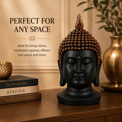 Serenity Buddha Head Sculpture – Matte Black & Copper