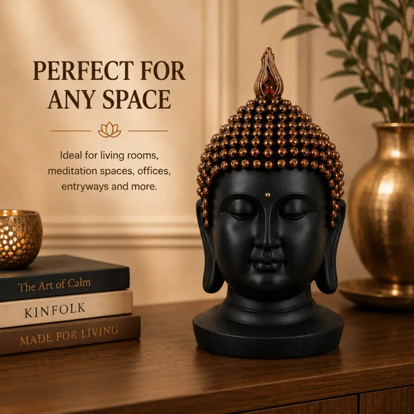 Serenity Buddha Head Sculpture – Matte Black & Copper