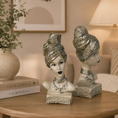 Artistic Ethnic Silver Lady Sculptural Bust Pair – Decorative Statues