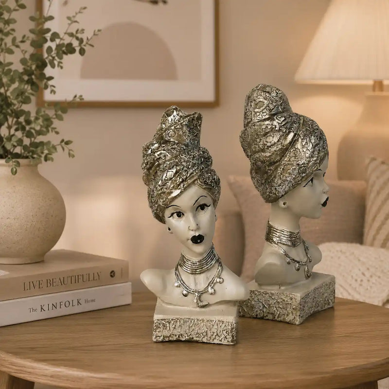 Artistic Ethnic Silver Lady Sculptural Bust Pair – Decorative Statues