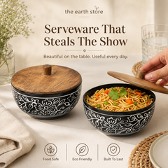Black Artvine Ceramic Bowl Set of 2 – 500ML with Wooden Lid