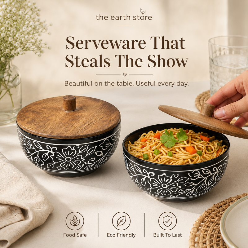 Black Artvine Ceramic Bowl Set of 2 – 500ML with Wooden Lid