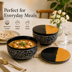 Black Artvine Ceramic Bowl Set of 2 – 500ML with Wooden Lid