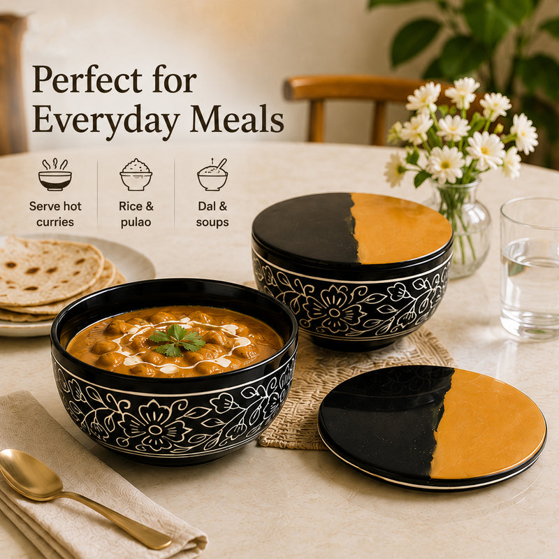 Black Artvine Ceramic Bowl Set of 2 – 500ML with Wooden Lid