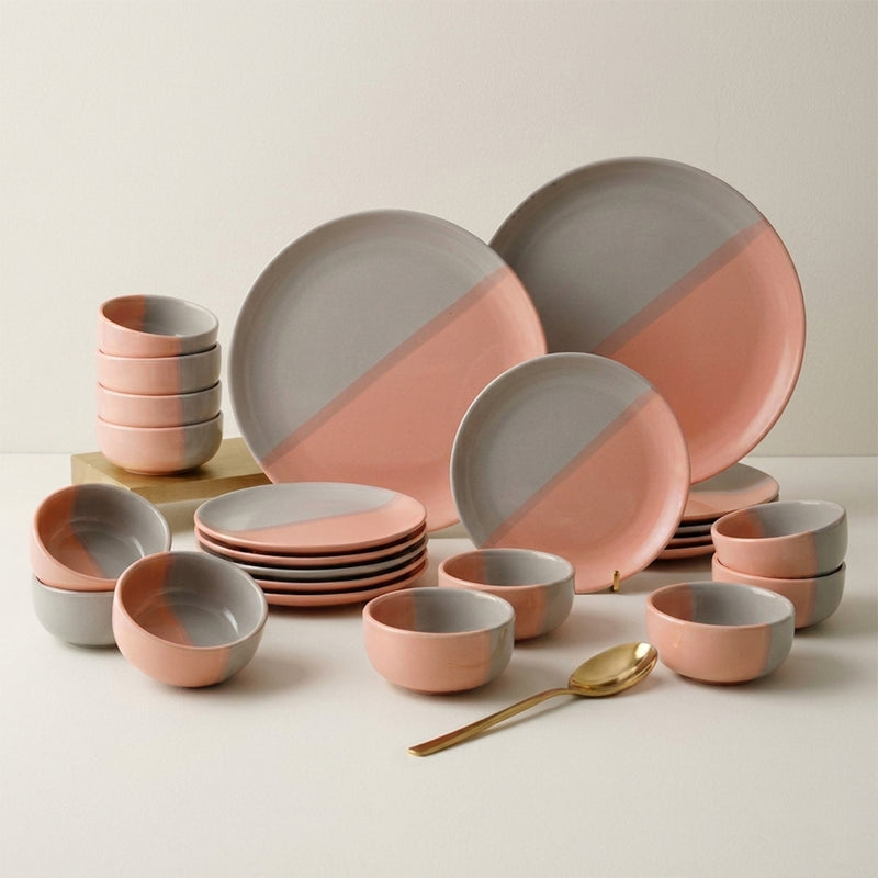Grey Pink Ceramic Dinner Set - 24 Piece Plates & Bowls Set