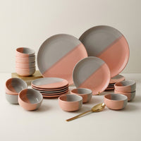 Grey Pink Ceramic Dinner Set - 24 Piece Plates & Bowls Set