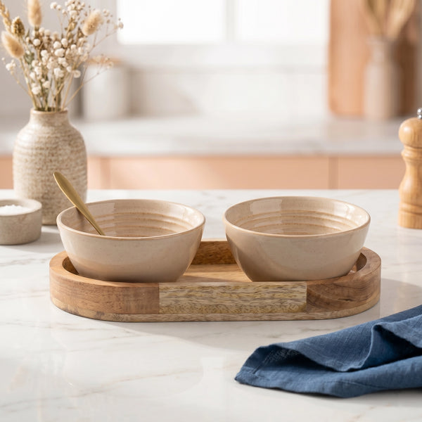 Sage Creamy Ceramic Bowl Serving Set 2 Bowls, 1 Tray, and 2 Spoon