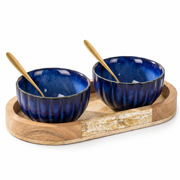Blue Ribbed Ceramic Bowl Serving Set 2 Bowls, 1 Tray, and 2 Spoon