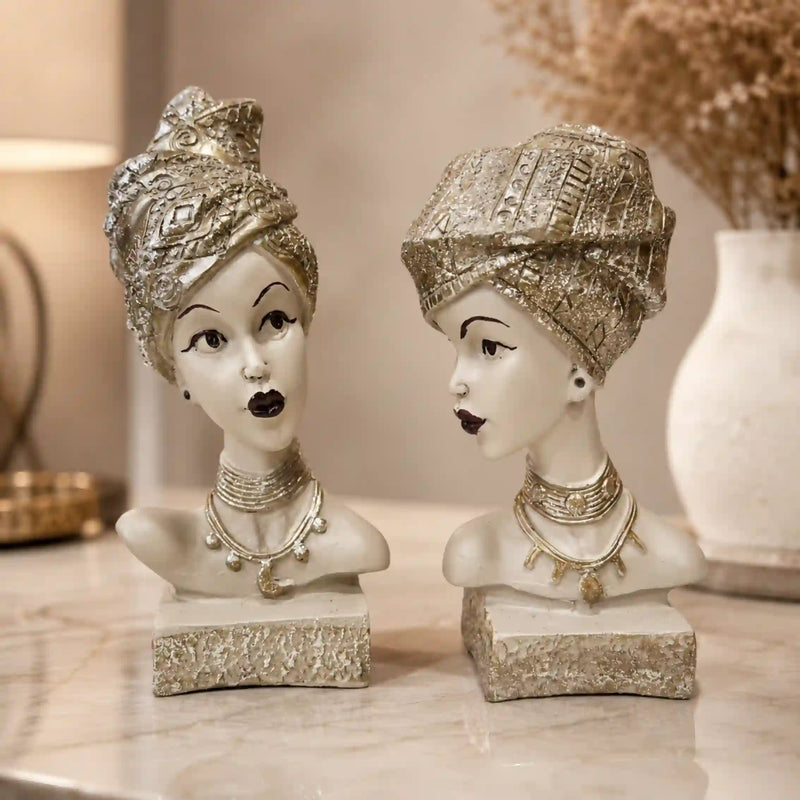 Artistic Ethnic Silver Lady Sculptural Bust Pair – Decorative Statues