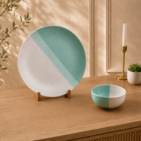 Tritone Green Matte Ceramic Dinner Plate with Serving Bowl