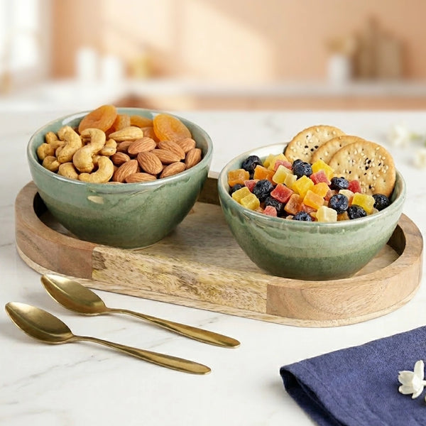 Sage Green Ceramic Bowl Serving Set 2 Bowls, 1 Tray, and 2 Spoon