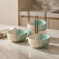 Tritone Green Ceramic Bowl Set of 4 with Metal Stand (500ml)