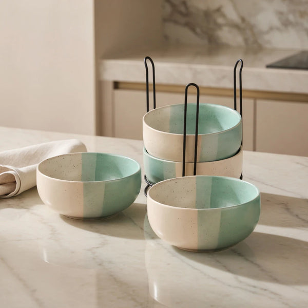 Tritone Green Ceramic Bowl Set of 4 with Metal Stand (500ml)