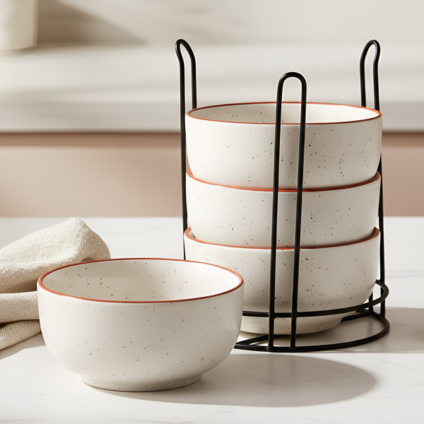 White Marble Ceramic Snack Bowl Set of 4 with Metal Stand