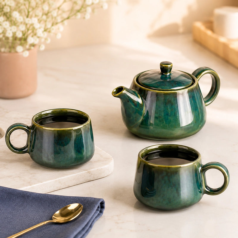 Green Glaze Ceramic Tea Set | Kettle & 2 Cups (400ml)