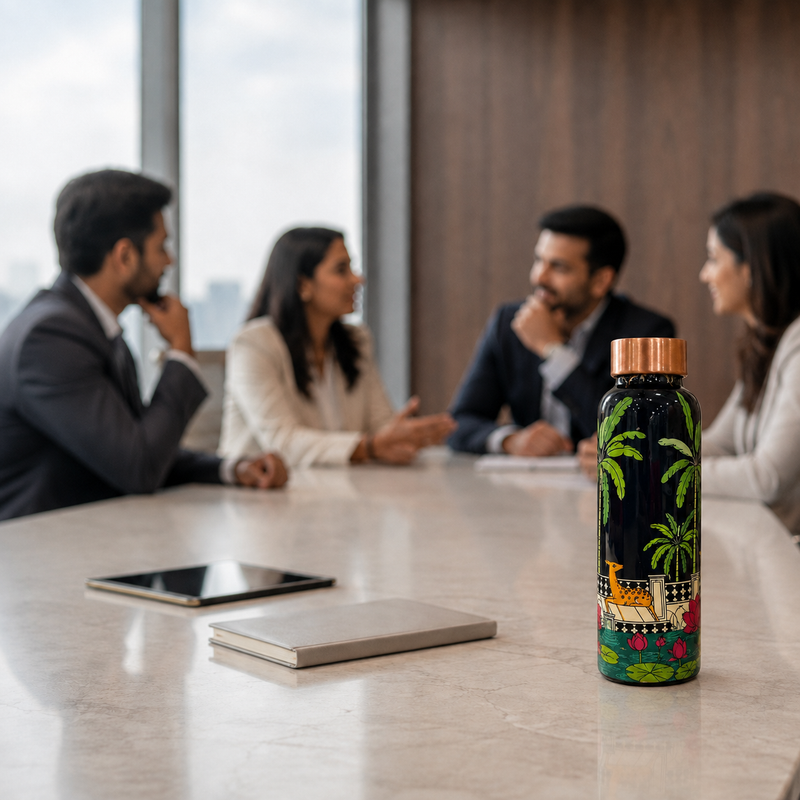 Palm Grove Copper Water Bottle | Pichwai Art Design | 900ml