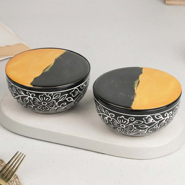 Black Artvine Ceramic Bowl Set of 2 – 500ML with Wooden Lid