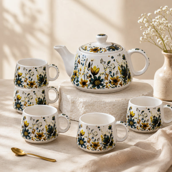 Botanical Meadow Ceramic Tea Set – 1000ML Teapot & 6 Cups