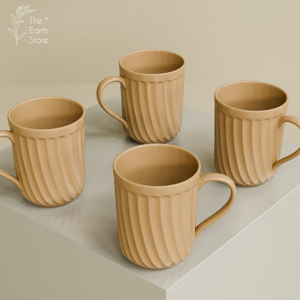 Caramel Grooved Ceramic Mugs Set of 4 (350ML) – Microwave Safe
