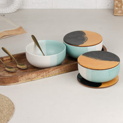 TT Green Matte Ceramic Bowl Serving Set 3 Bowls, 1 Tray, 3 Spoon and 3 Coaster