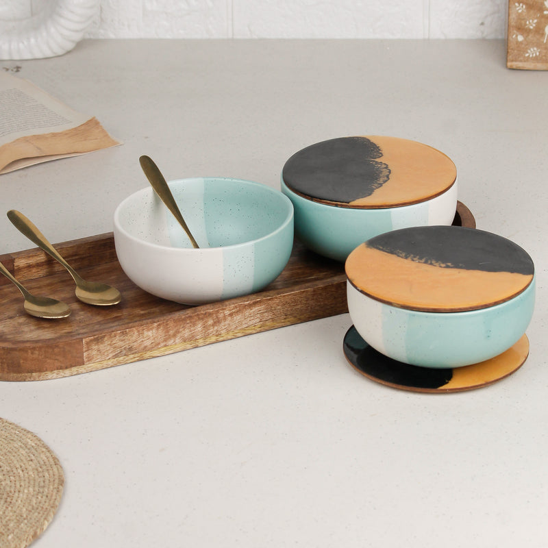 TT Green Matte Ceramic Bowl Serving Set 3 Bowls, 1 Tray, 3 Spoon and 3 Coaster