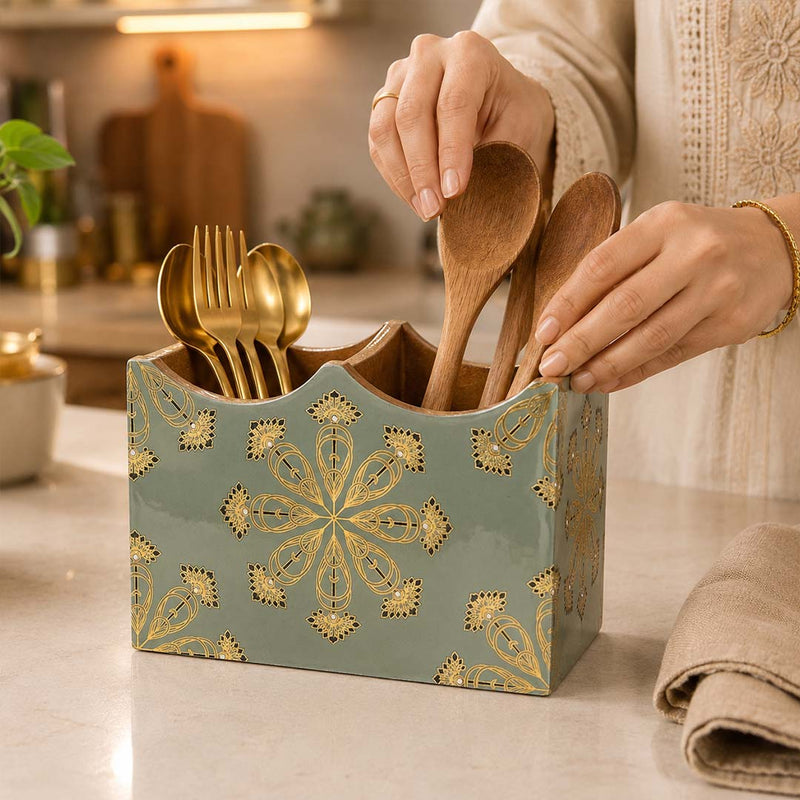 Emerald Heritage Wooden 2-Section Cutlery Holder