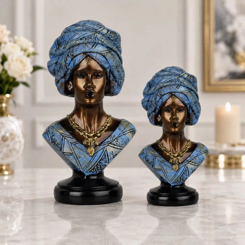 Majestic Bronze & Blue Sculptural Bust Pair (Set of 2)