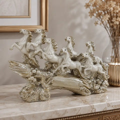 Victorious Galloping 7 Horse Sculpture | Ivory & Champagne Gold