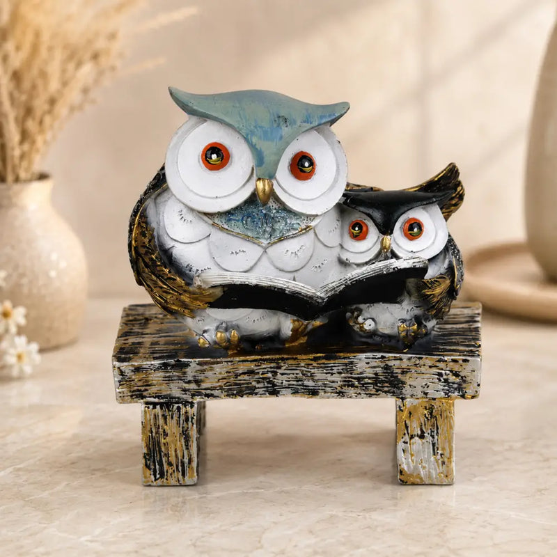 Wisdom & Learning Owl Pair Sculpture on Rustic Bench