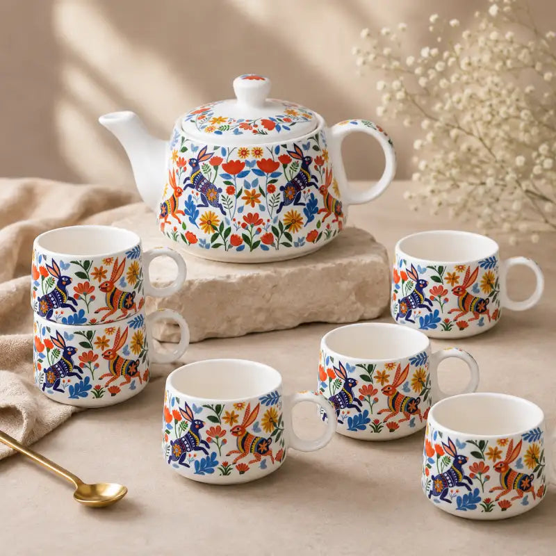 Bunny Floret Morning Tea Set: 1000ML Teapot & 6 Cups (150ML)