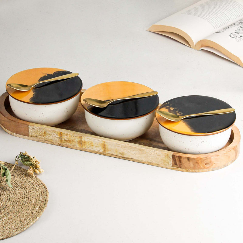 White Marble Ceramic Bowl Serving Set 3 Bowls, 1 Tray, 3 Spoon and 3 Coaster