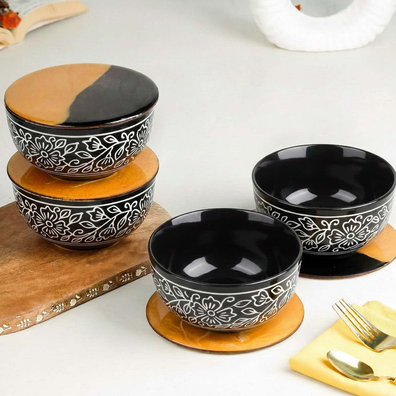 Black Artvine Ceramic Snack Bowl Set of 4 – 500ML with Lid