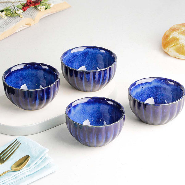 Blue Ribbed Ceramic Bowl Set of 4, 320ML
