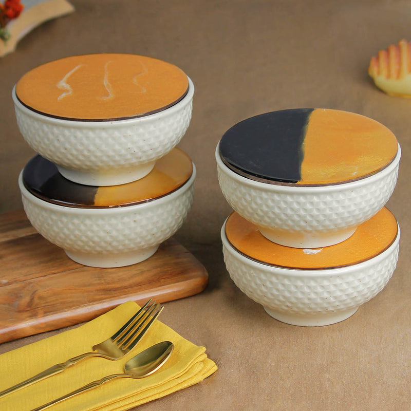 Cream Star Ceramic Bowl Set of 4 – 580ML with Lid